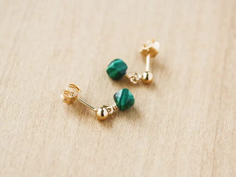 Malachite Stud Earrings Gold . Square Cube Stud Earrings Gold Filled . Green Stone Earrings Dangle NEW