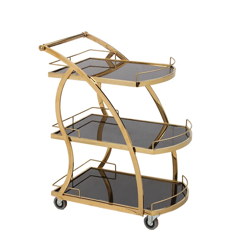 

Three-layer tempered glass trolley Hotel supplies Food delivery service cart Large capacity wine cart Gold-plated mobile trolley