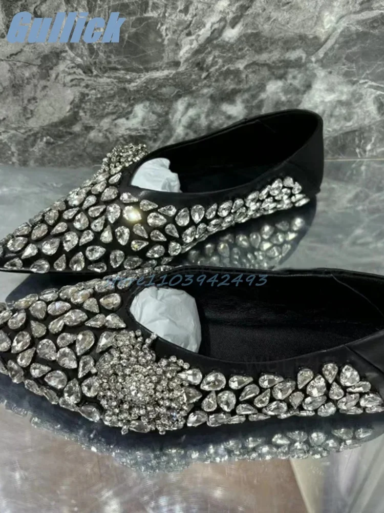 

Glittering Rhinestones Flower Pumps Large Diamond Flat Heel Pointed Toe Black Slip On Mules Pull On Designer Cover Heel Shoes