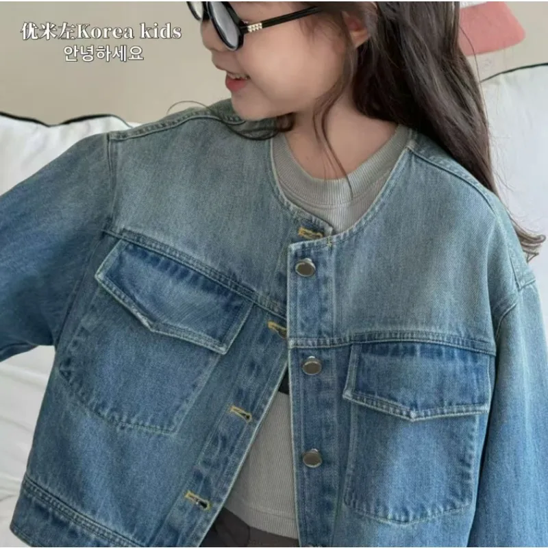 Pakaian luar anak perempuan untuk musim semi 2025 jaket denim anak-anak baru, atasan serbaguna dan bergaya untuk dewasa.