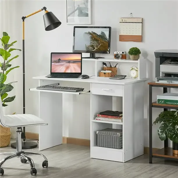 Wooden Home Office Computer Desk with Drawers and Keyboard Tray,  Gaming Desk