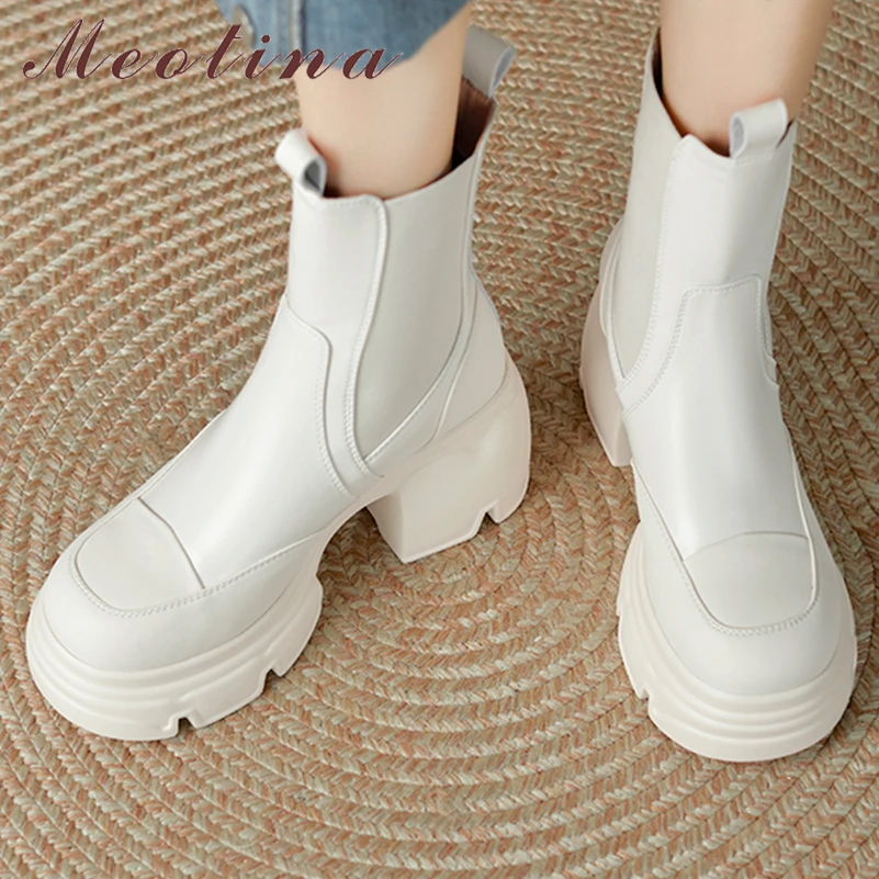 Meotina Women Genuine Leather Ankle Boot Round Toe Platform Thick High Heels Chelsea Short Boot Lady Fashion Shoes Autumn Winter