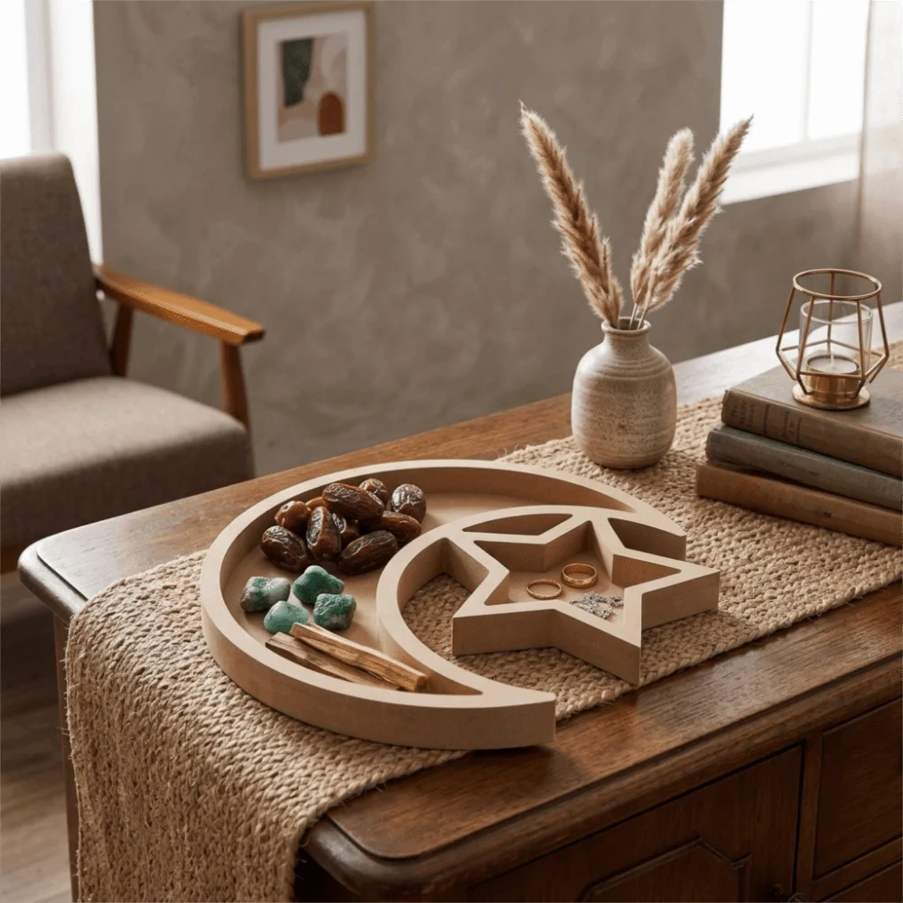 Easy To Clean Wooden Ornament Tray Star and Moon Irregular Snack Plate Smooth Shallow Groove Candy Platter Decorative