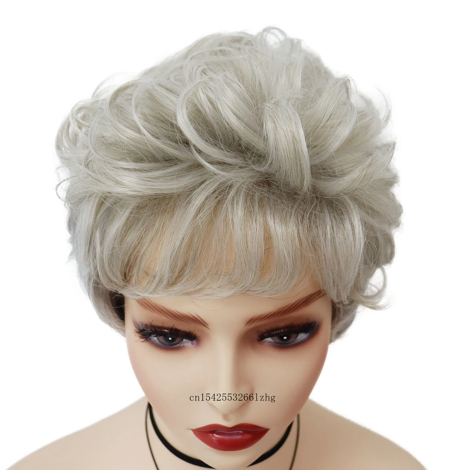 GNIMEGIL Women\'s Grey Wig Synthetic Natural Layered Haircut Short Curly Wig with Bangs Elderly Ladies Grandmother Wig Cosplay