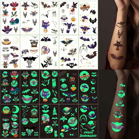 10 pegatinas de tatuaje temporal de murciélago de Halloween que brillan en la oscuridad: con 70 patrones de murciélagos de dibujos animados, perfectas para fiestas y disfraces