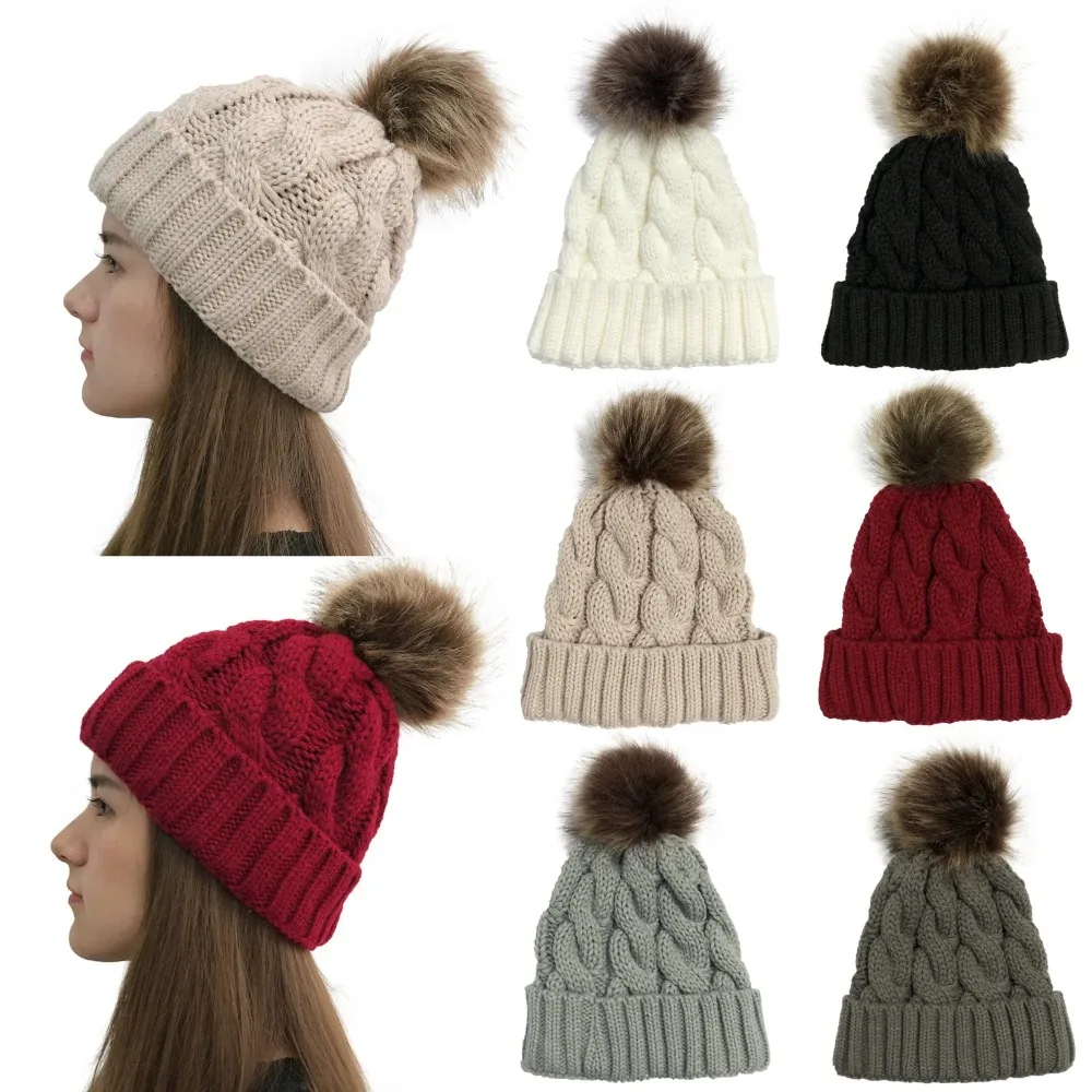 Women Winter Hats Beanies Knitted Cap Girls Crochet Winter Hats For Female Warm Fur Twisted Beanie Ponytail Braid Hat Skullies