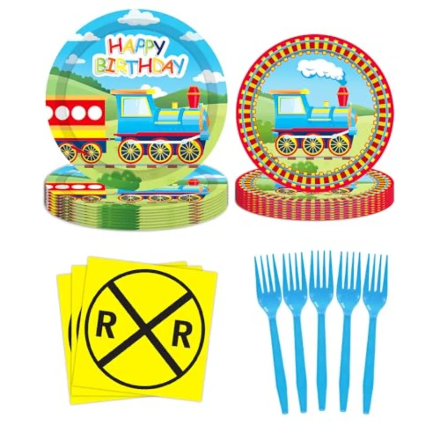 50 Uds. Platos de tren y cucharaditas, tenedores, suministros para fiestas de nacimiento, decoraciones para fiestas temáticas de tren, trenes, vajilla de postre para Baby Sho