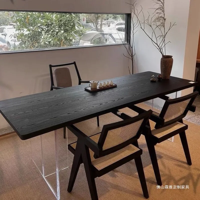 

Wabi Sand wind carbonized black solid wood dining table log large board worktable minimalist wind acrylic suspended office tea t