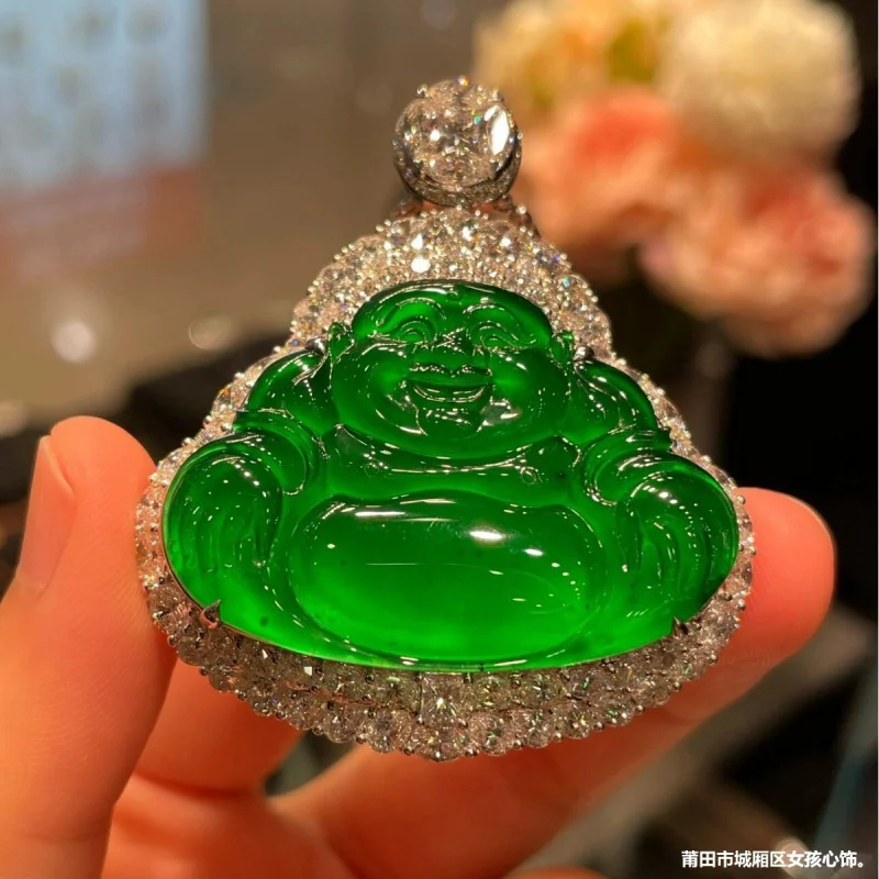 -like Inlaid Jadeite Jade Female Glass Type Smiling Buddha GreenTransparent Pendant Feitsui B