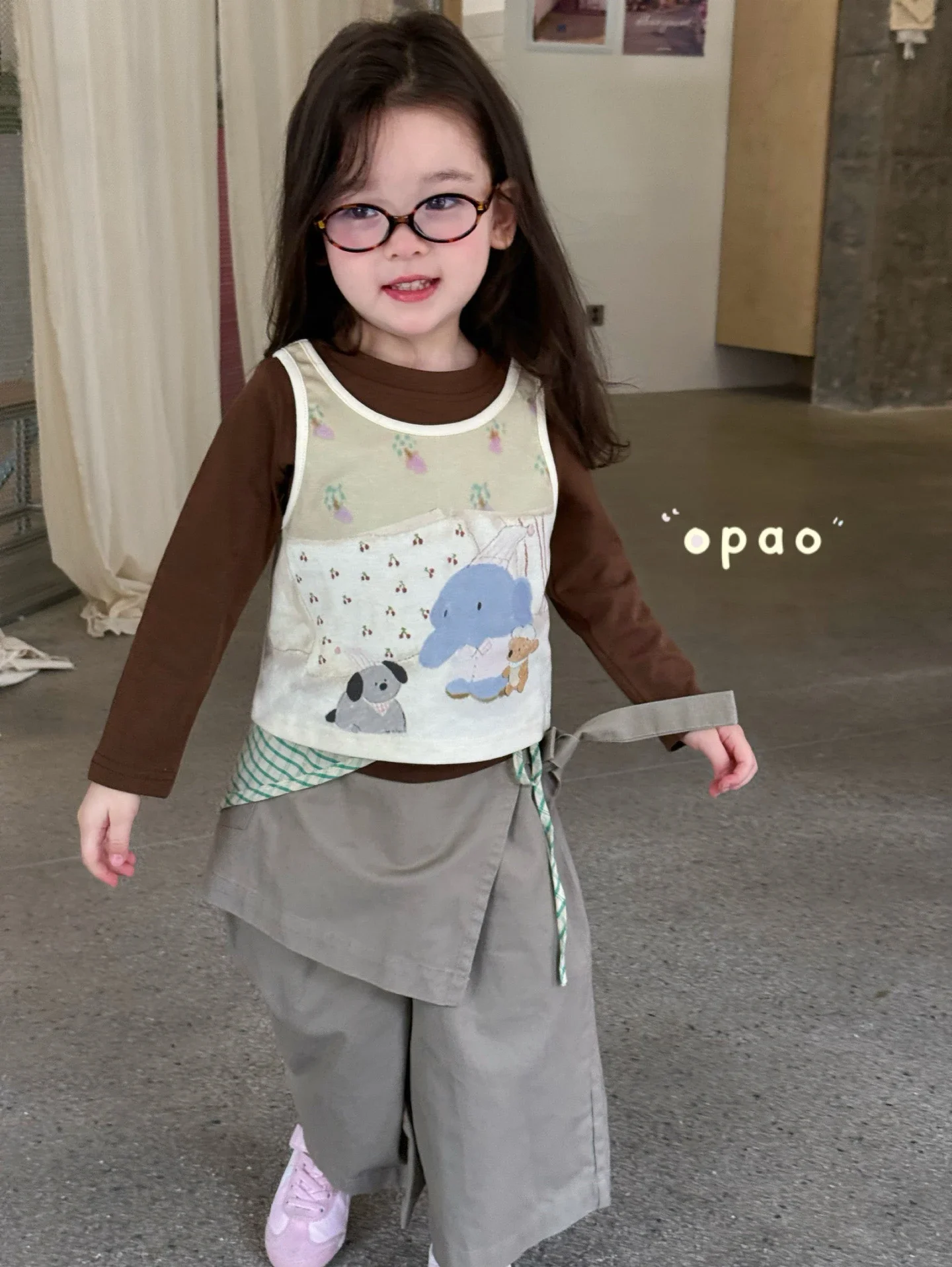 

Одежда для девочек Opao, длинный жилет с мультяшным принтом и прямые брюки, комплект из корейского хлопка, осенняя одежда для детей