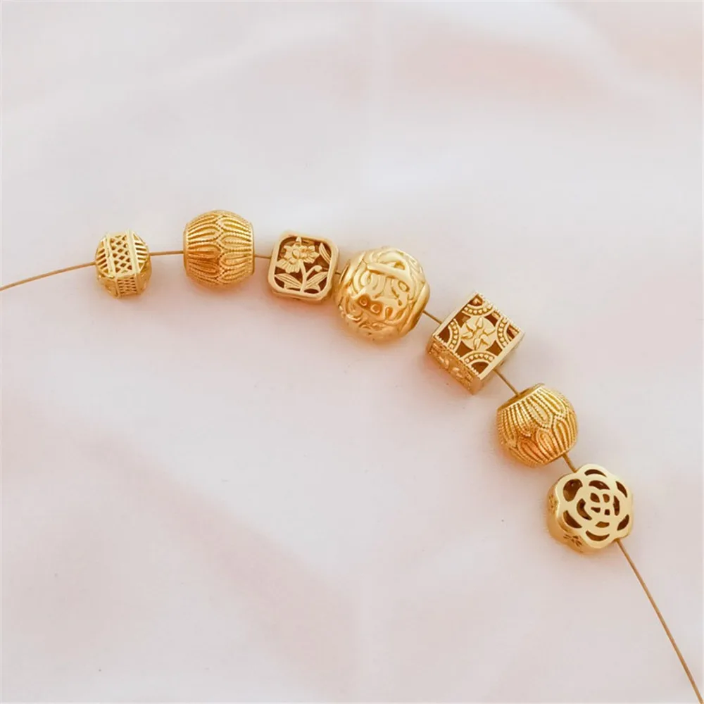 Ancient-style Gold Matte Gold Fortune Round Balls Hollowed-out Camellia Flower Square Beads Handcrafted DIY Jewelry Accessories