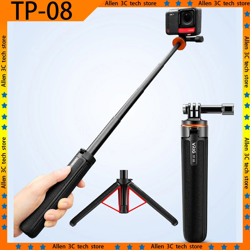 Original VRIG TP-08 Selfie Stick Camera Tripod Stand Aluminum Alloy for GoPro 12/10/9 Vlog Live Streaming Selfie Video Record