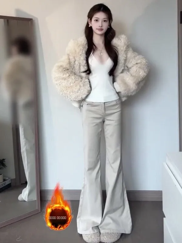 Jeans évasés rétro américains en kaki doublés pour femmes, pantalon large à taille basse, chaud pour l'hiver, pantalon cloche