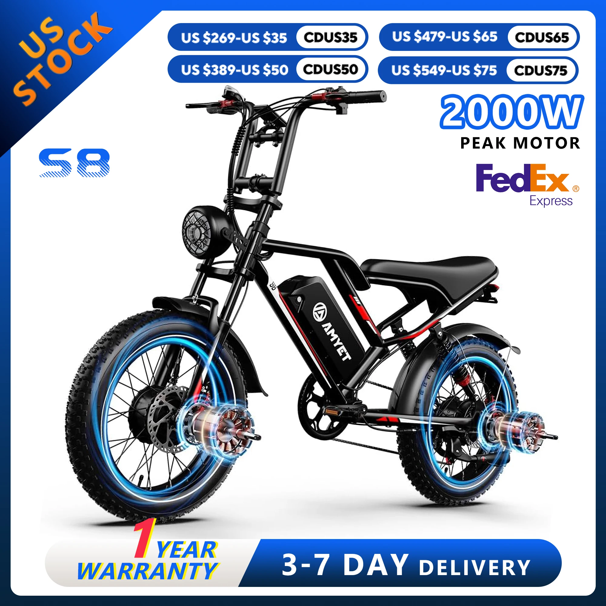

AMYET S8 Adults Electric Bike For Men 2000W Dual Motor Bicycle 48V 25AH Battery 20" Ebike Electric E Bikes Mountain Moped Ebikes