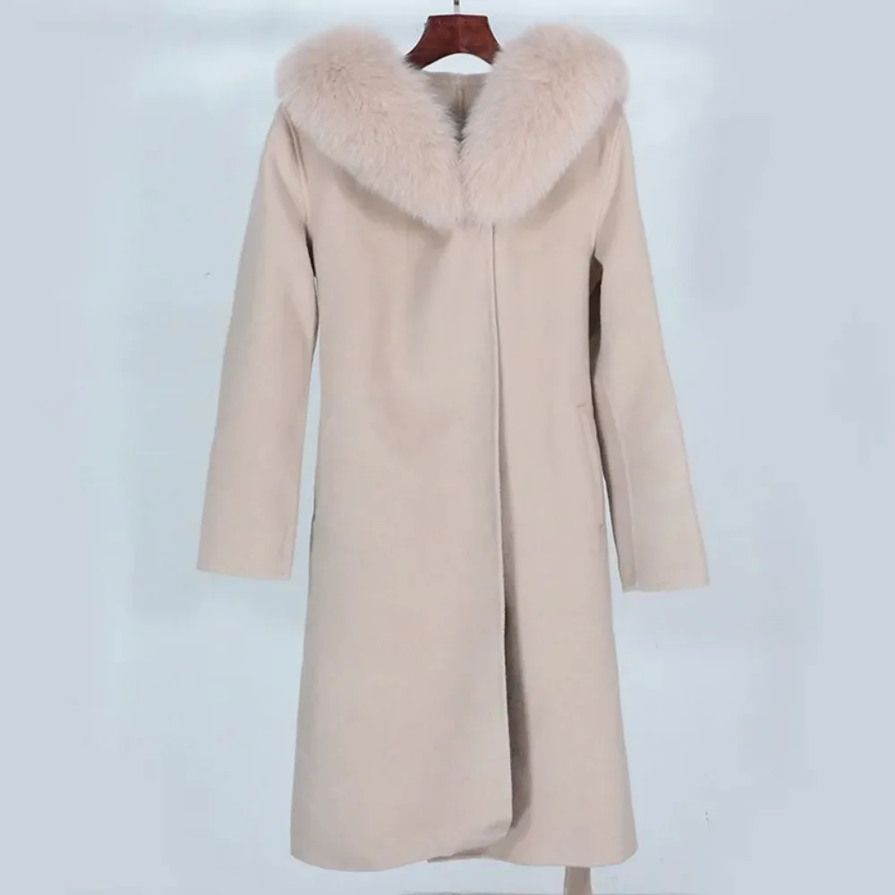 

2024 Wool Coat for Women Autumn Winter Natural Fox Fur Collar Hooded European Style Casual Cashmere Woolen Coat Real Fur Coat