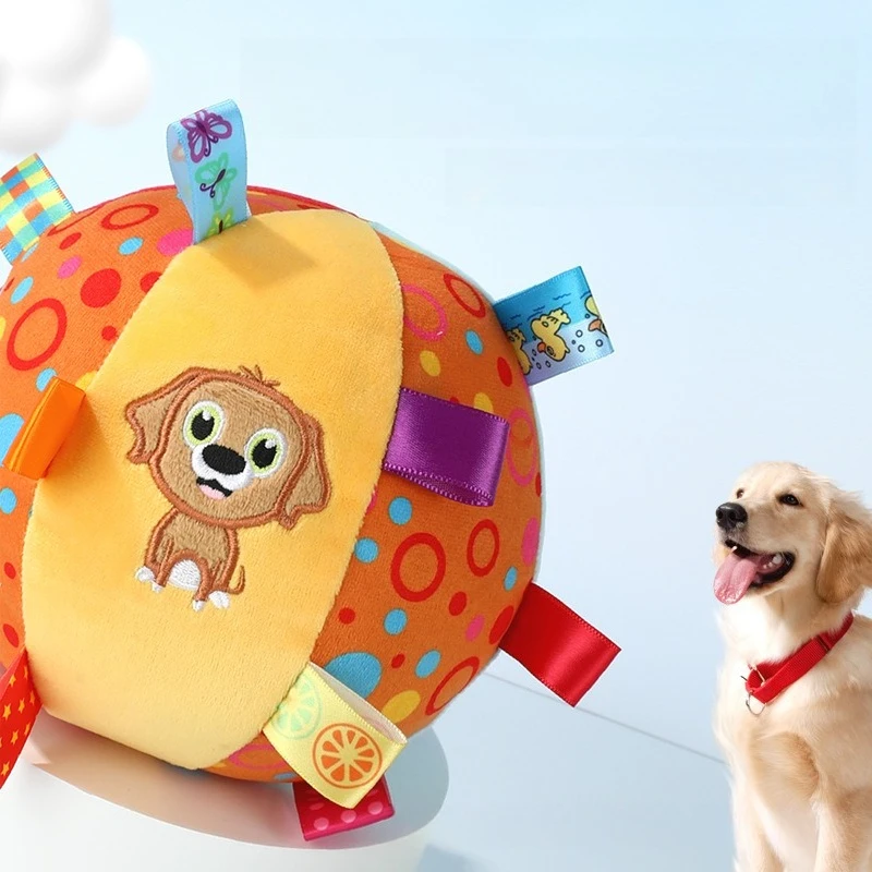 Buntes Band-Hunde-Plüschball-Spielzeug, interaktives Haustier-Kauspielzeug für Hundetraining, perfekt für die Interaktion von Menschen und Haustieren