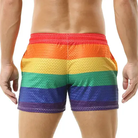 Fashion Mens Swimwear Boxers Rainbow Printed Mesh Breathable Swimming Trunks