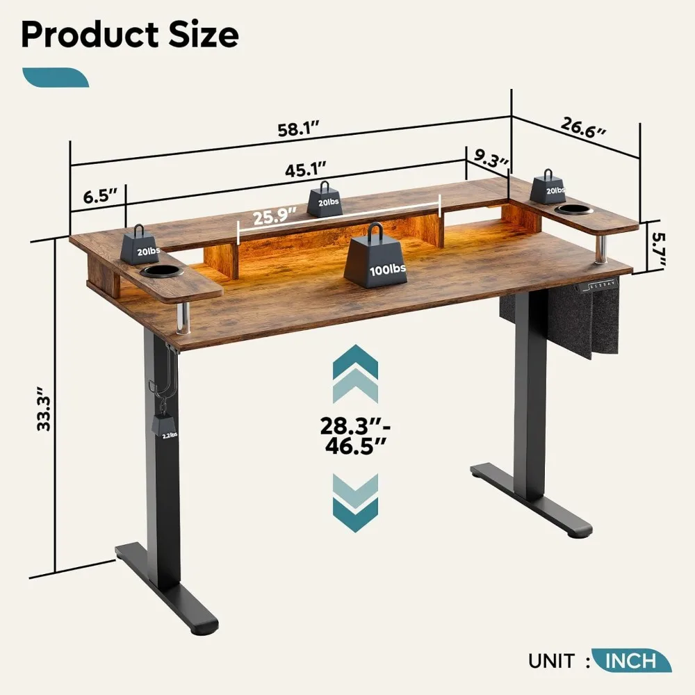 LED Electric Standing Desk Adjustable Height, 58x26 Inch Large Sit Stand Desk with Monitor Stand, Office Desks