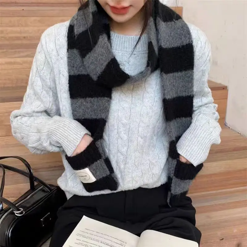 Harajuku Scarf Winter Y2k Women Knitted Scarf Thickened Black White Shawl Wrap Imitation Cashmere Neckerchief With Hand Pocket