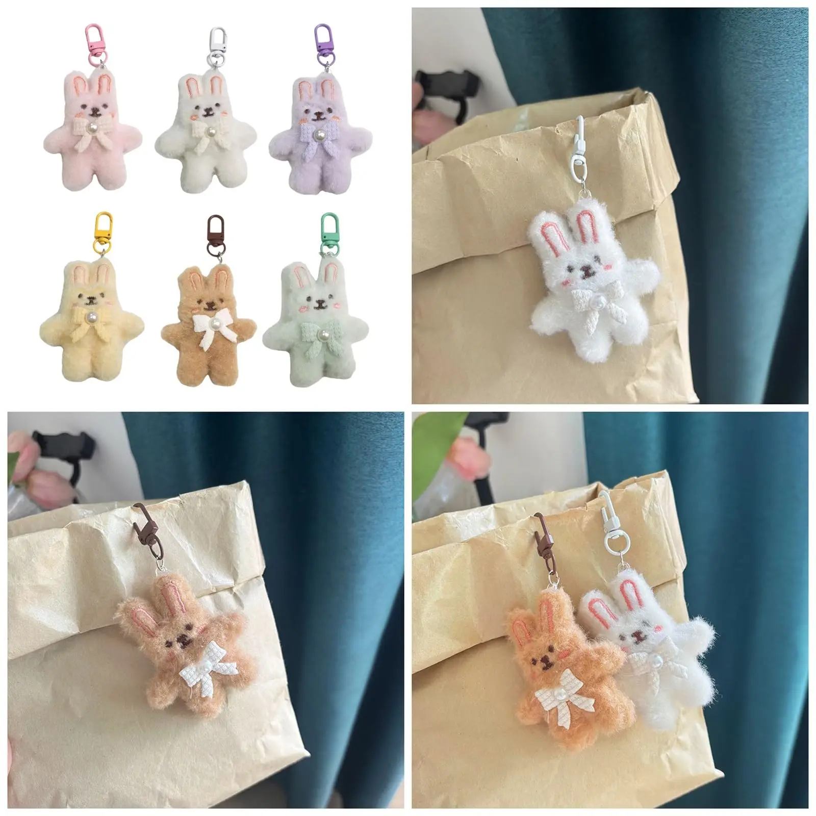 Bowknot 3D Rabbit Plush Keychain, Cute Fluffy Bunny Keyring for Girls, Soft Stuffed Car Key Ring, Backpack Bag Pendant Gift