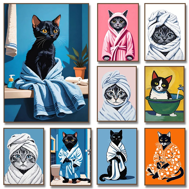 Cute Bathroom Black Cat Poster Print Canvas Painting Modern Funny Kitten Wearing Bathrobe Wall Art Pictures Toilet  Home Decor