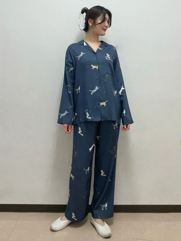 Japanese Cotton Couples Pajamas Indigo Room Wear Long Sleep Wear Cats And Stars Lounge Wears