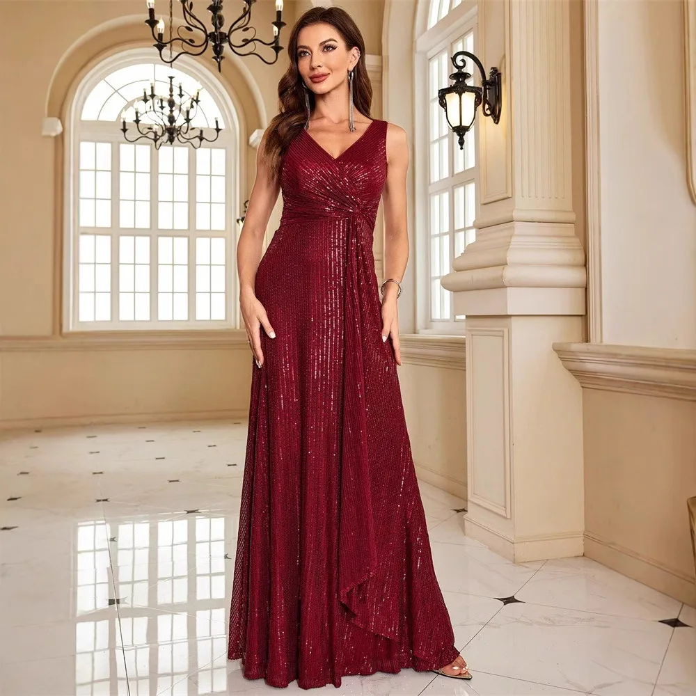 

V Neck Wide Strap Cross Twist Vertical Sequin A Line Dress Burgundy with Side Cascading Drape Floor Train Gala Cocktail Gown