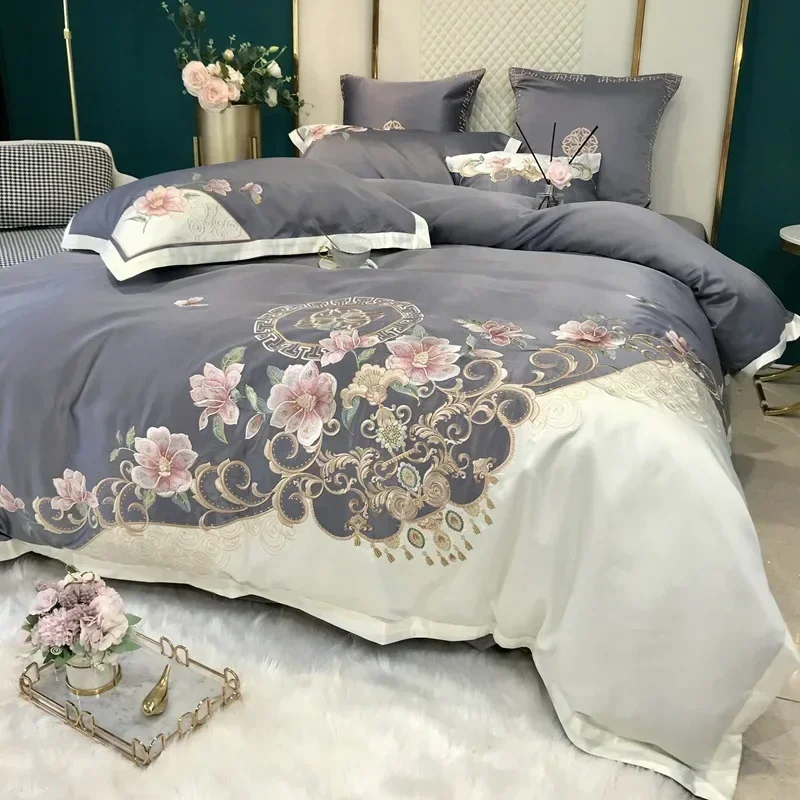 Duvet Cover Set AB Edition 60S Washed Pure Silk Cotton 4-Piece Embroidery 3D Flower Ice Silk Quilt Cover Pure Cotton Bed Sheet