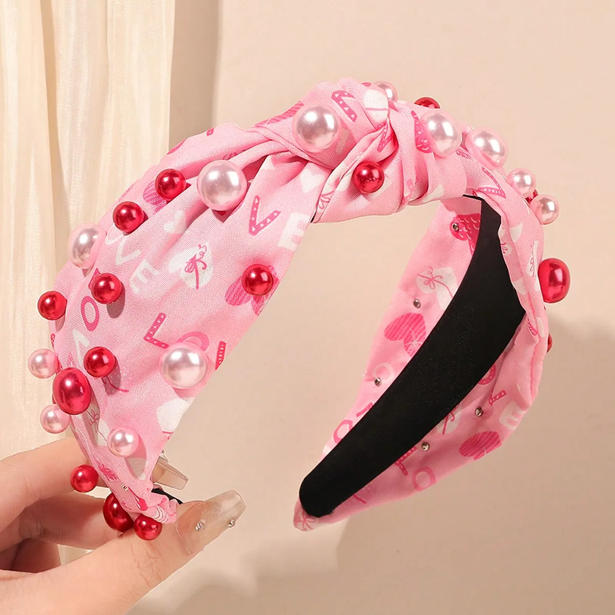 1 Stück Valentinstag Perlenrosa Stirnband für Frauen geknotetes Haarband rosa breiter Knoten Haarband Haarschmuck Geschenke