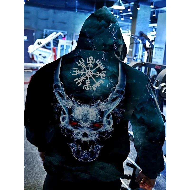 European and American men's autumn fitness training letter skull print soft and comfortable hooded sweatshirt outdoor sports top