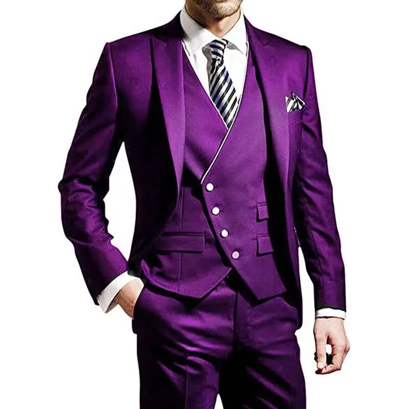 Slim Fit Formal Men 3 Piece Wedding Suits Groom Tuxedos Business Suits Peak Lapel Jacket Costume Homme (Blazer+Pants+Vest)