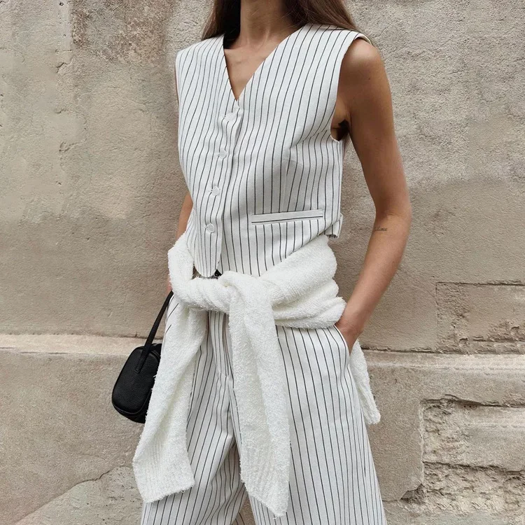 Casual Women\'s Sets Striped Vest Long Pants Set Wear Temperament Commuting Two-piece Suits for Female Streetwear 2024 New Summer