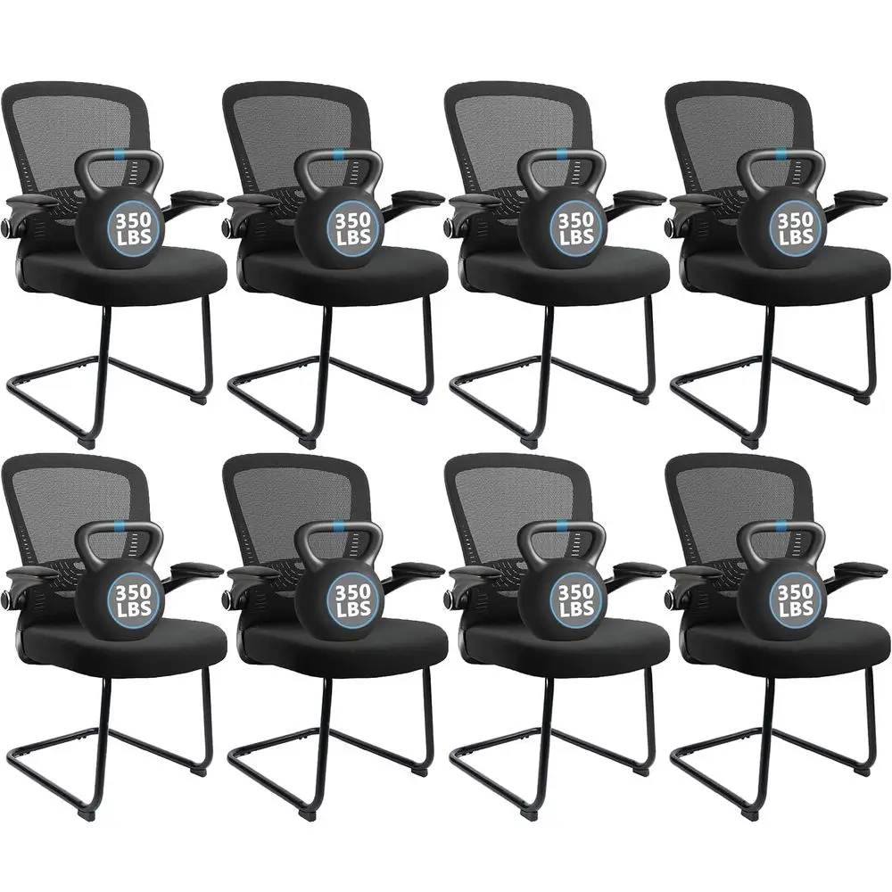 

Office Guest Chair no Wheels with Lumbar Support and Flipup Armrest Mid Back Mesh Space Air Grid Series Sled Base for Reception
