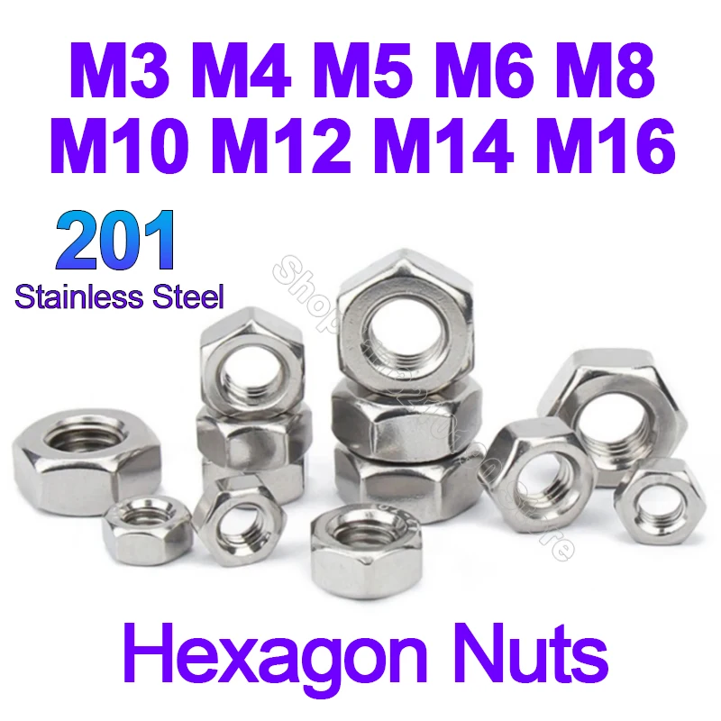 10-100pcs M3 M4 M5 M6 M8 M10 M12 M14 M16 DIN934 SUS 201 Stainless Steel Hex Nuts Hexagon Nut Screw Bolt