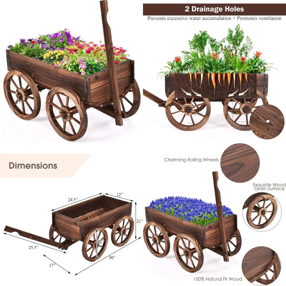 

Rolling Wooden Flower Planter Stand with Wheels and Drainage for Amish-Style Wagon Pots
