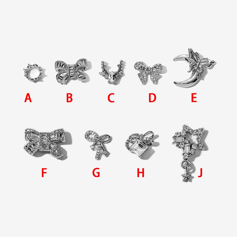 Metal Bow Knot Nail Charms, 3D Decorações prego, liga prateada Acessórios, Manicure Rhinestone, Jóias Diamante, Nail Art Salon, 5pcs