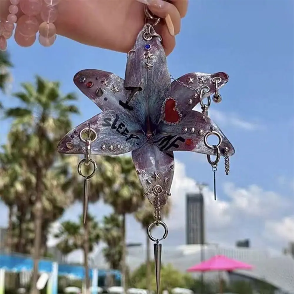 Phalaenopsis Orchid Lilium Brownii Flower Pendant Rivet Tassel Colorful Rhinestone Keychain Punk Hanger Bag Charm Bag Ornament
