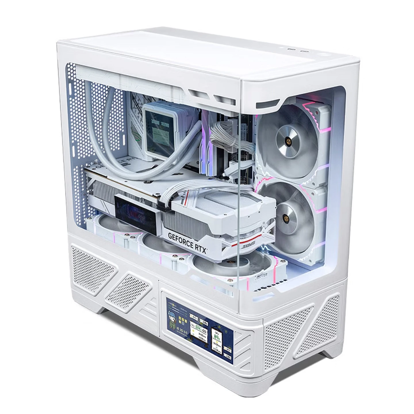 Without Fan White M-ATX Gaming Computer Desktop Case, Support 360 Water Cooling 6.2-inch Touchscreen 270 ° Sea View Room