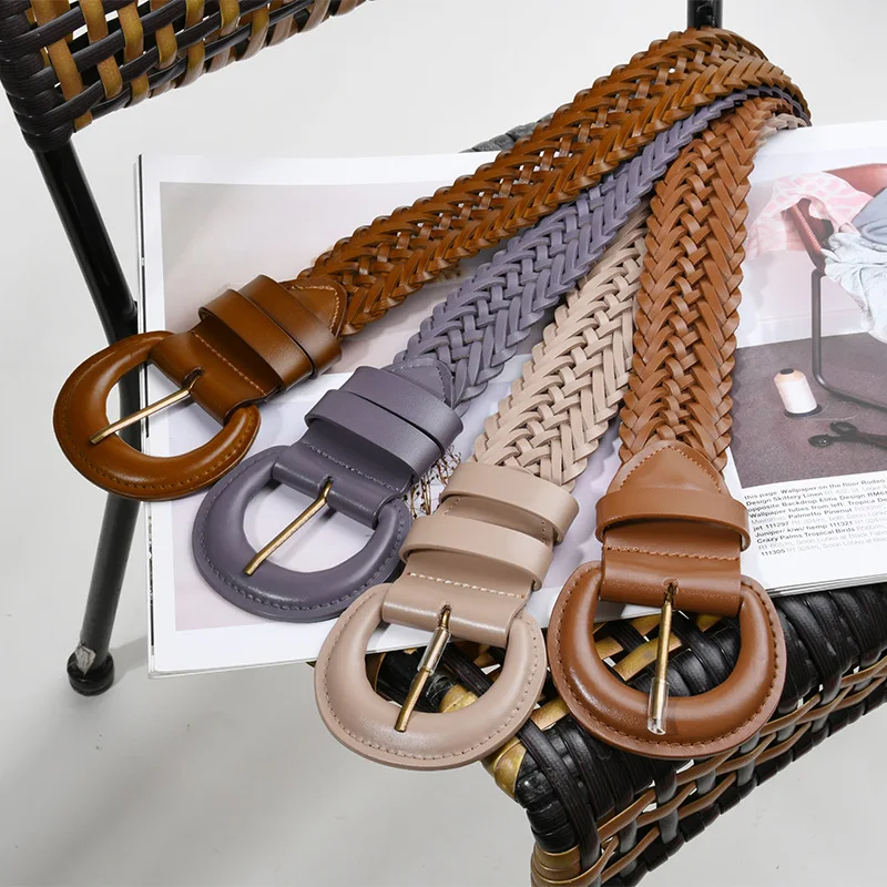 

Ladies Genuine Leather Wide Belt Perforated Woven Belt Summer Decoration Two-layer Cowhide with Dress Waist Belt Girdle Seal