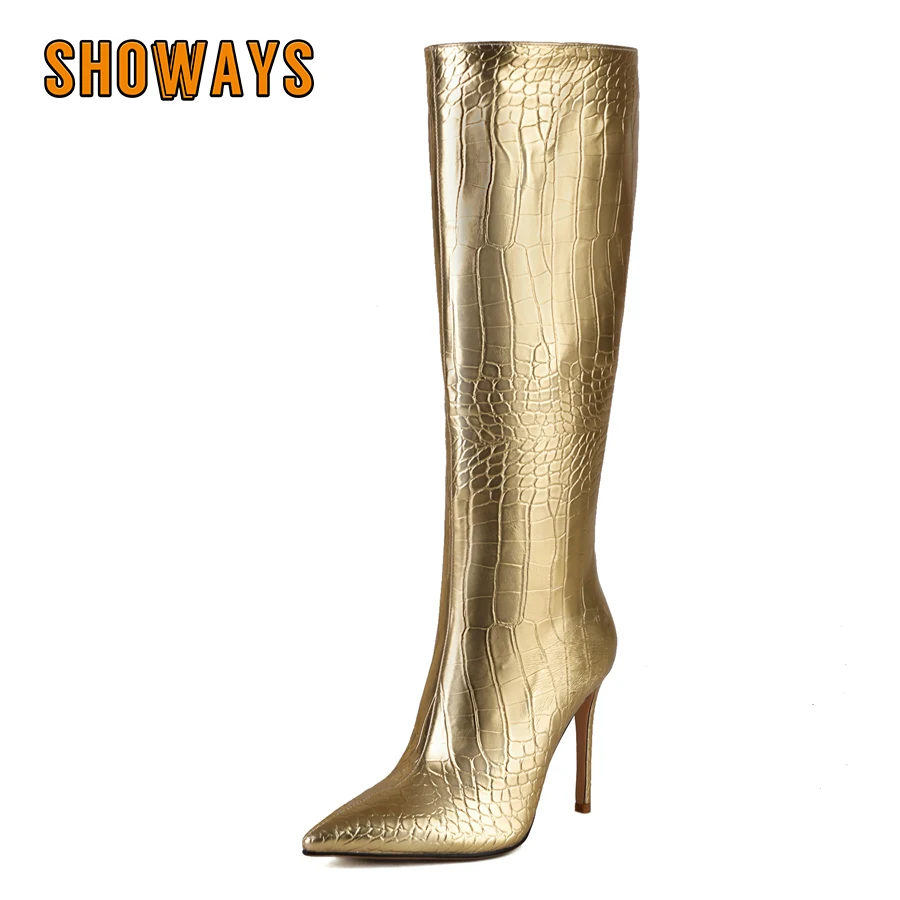 Shiny Silver Gold Women Knee High Boots Stiletto Heel Faux Crocodile Leather Party Club Lady Zipper Plush Pointed Toe Long Boots