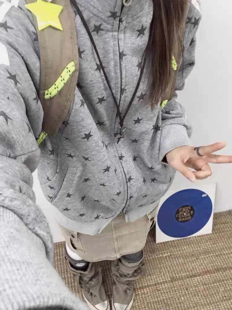 Damskie bluzy Deeptown zapinane na zamek, styl Y2k, japoński styl preppy, vintage Harajuku, szare bluzy z kapturem, codzienne, słodkie, kawaii, odzież wierzchnia, kurtki.