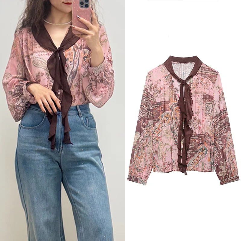 

Women's Shirt 2026 New Vintage Fashion Spring Printed Bow Tie Shirt for Women Casual Chic Personality Long Sleeve Top