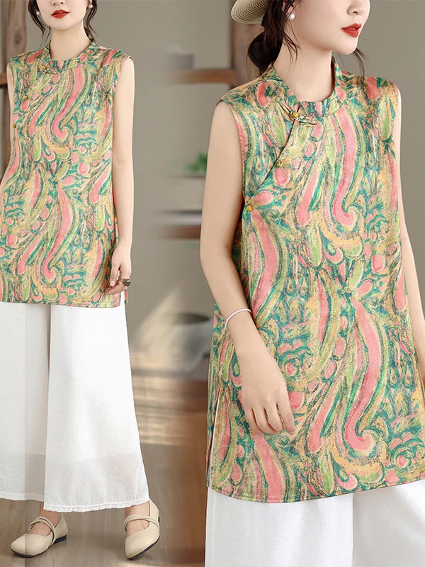 

Женская футболка средней длины без рукавов в китайском стиле ретро, больших размеров, летняя, с цветочным принтом, дышащая, удобная, повседневная, без рукавов