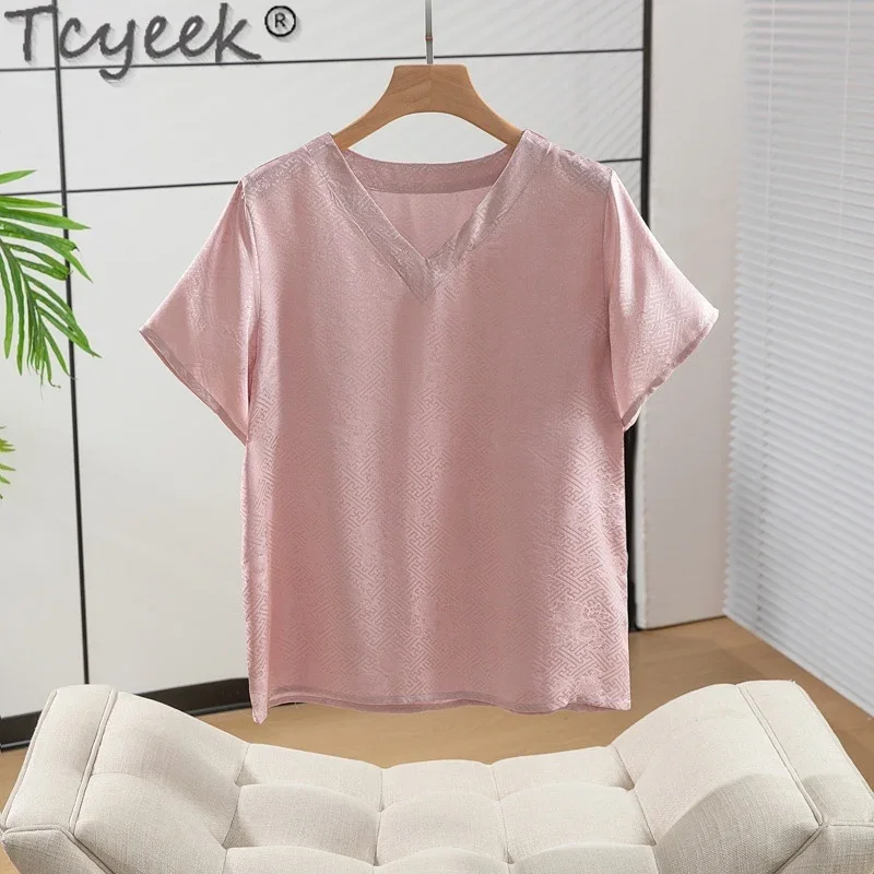 

Tcyeek 100% Mulberry Silk T-shirty dla kobiet Odzież letnia Elegancka koszulka damska Topy damskie 2024 Luźny top Топ Женский