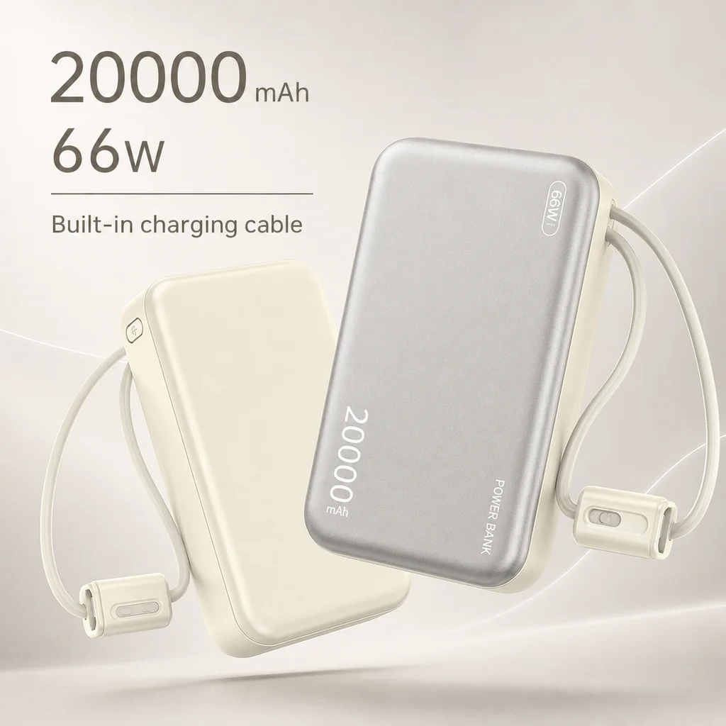 Power Bank 20000mAh 66W Portable Charger With Cable Fast Charging For iPhone Xiaomi Huawei Samsung Phones
