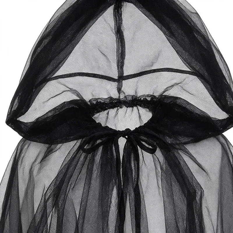 Damen Halloween Schwarzer Transparenter Tüllumhang Langer Kapuzenumhang Geister-Hexe-Vampir-Cosplay-Kostüm Karnevalsparty Faschingskleid – Detail 4