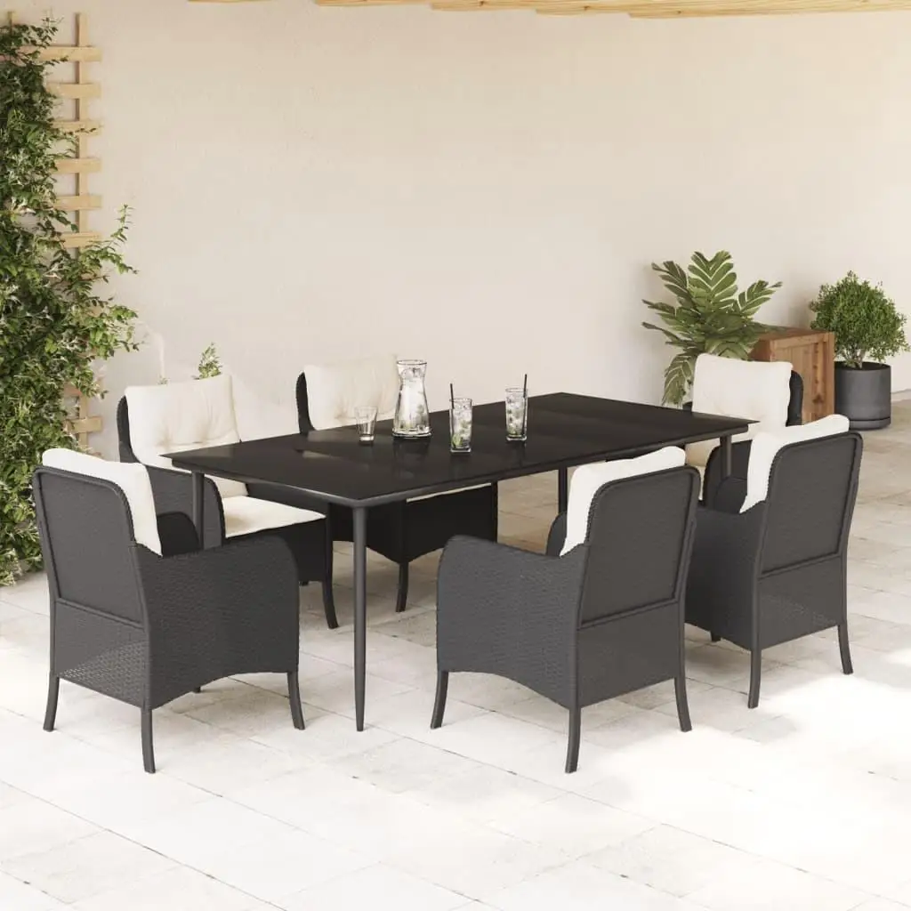 

7-Piece Black Poly Rattan Patio Dining Set with Cushions - Stylish Outdoor Furniture