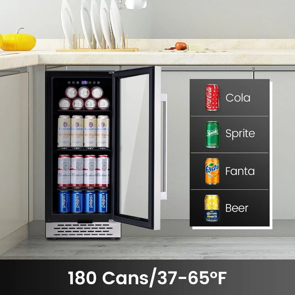 15 inch Beverage Refrigerator with Glass Door 180 Cans Mini Beverage Cooler Under Counter Frestanding Built