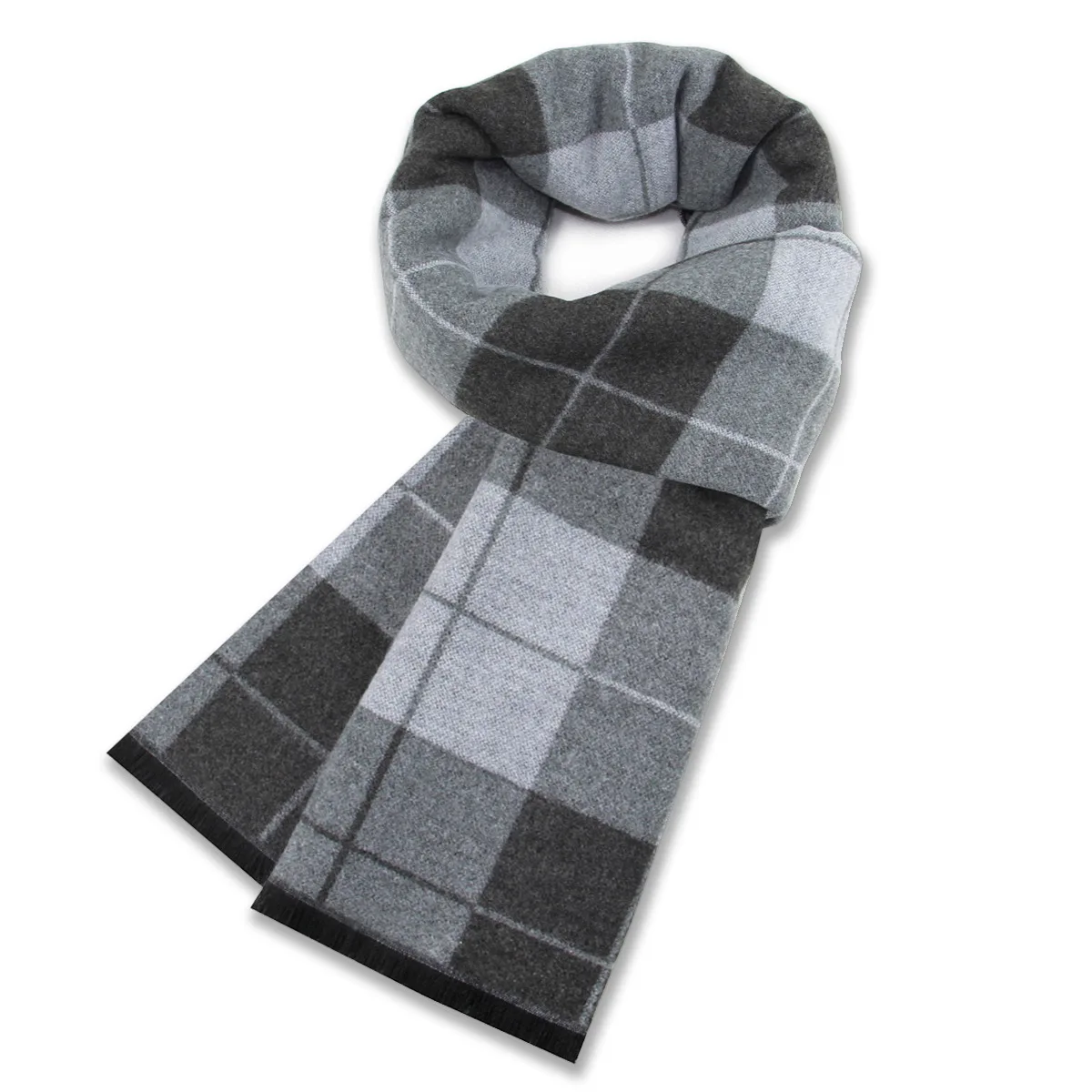 Light grey plaid wool scarf for winter warmth, jacquard fleece men\'s scarf, versatile business scarf