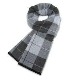 Light grey plaid wool scarf for winter warmth, jacquard fleece men's scarf, versatile business scarf